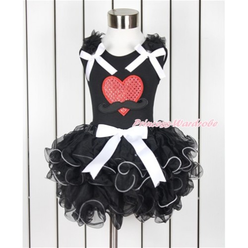 Valentine's Day Black Baby Pettitop with Black Ruffles & White Bow & Mustache Sparkle Red Heart Print with White Bow Black Petal Baby Pettiskirt NG1383 